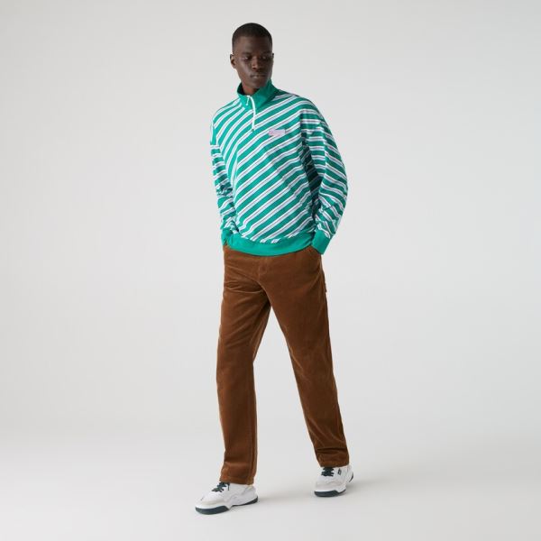 Lacoste LIVE Striped Stand-Up Collar Cotton Sweatshirt Pánské - Mikiny Zelene / Bílé | CZ-rIEbVr